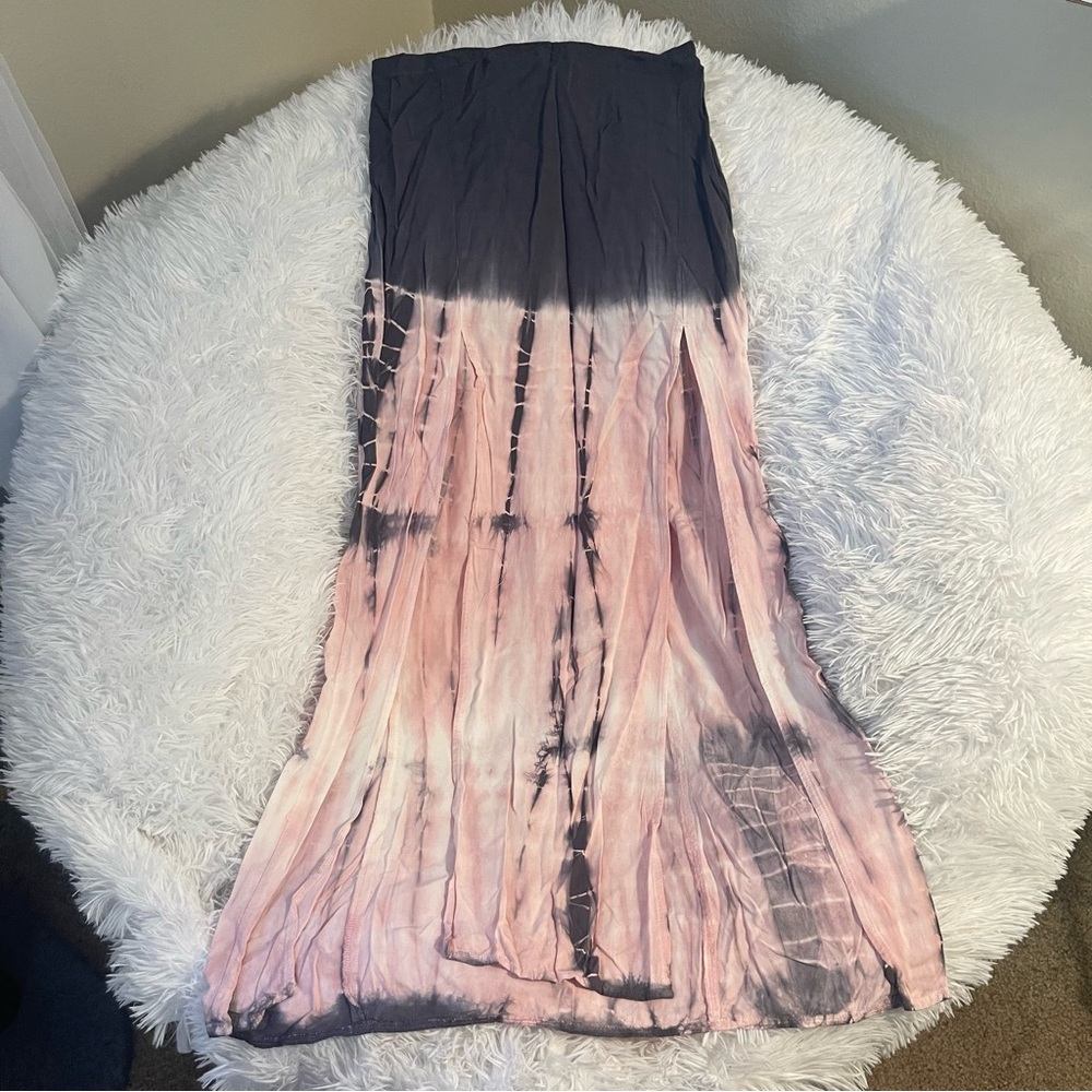 Pink gray tie dye bohemian gypsy festival double slit maxi skirt